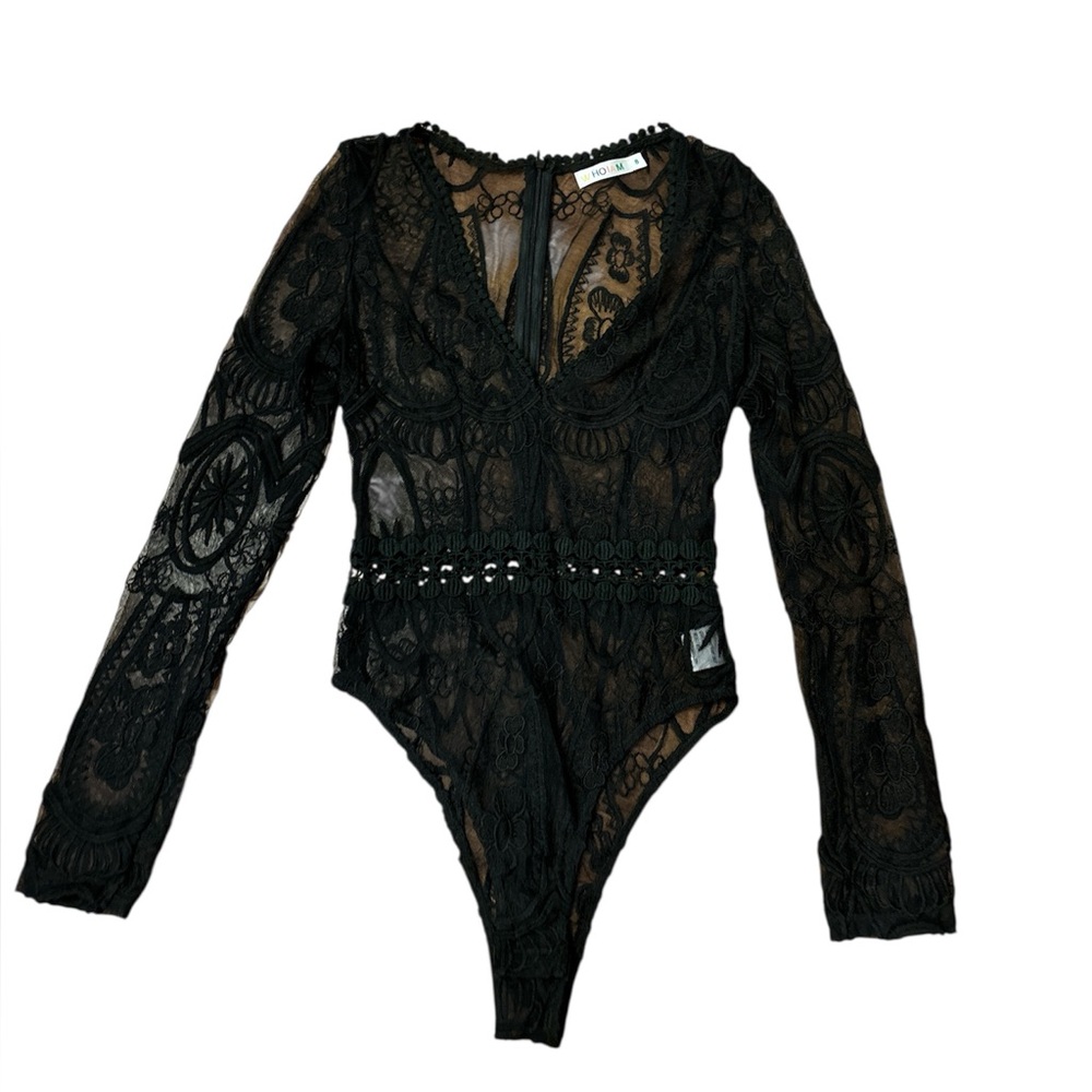 Vintage Y2K black lace / crotchet body suit top long sleeve size medium